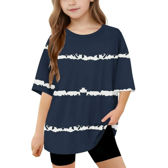Delliss Girls Casual Short Sleeve T Shirts Crewneck Tops Kids Striped Tee Blouses 5-15 Years
