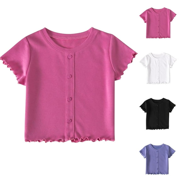 Delliss Girls Casual Short Sleeve T Shirts solid color Tee Blouse Kids Loose Tops 2-10 Years