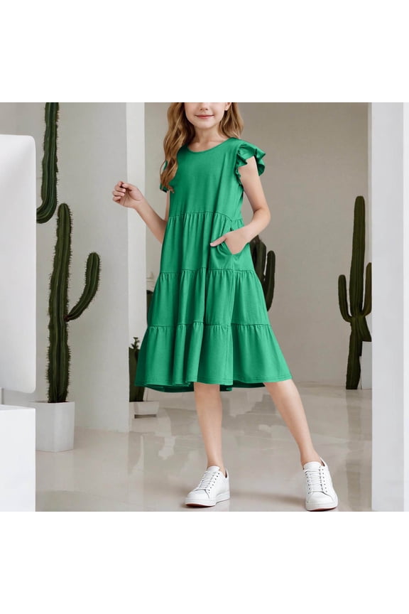 Girls Casual Tiered Dress Crew Neck Ruffle Dress Swing Mini A-Line Dress Kids Tiered Pleated Dresses