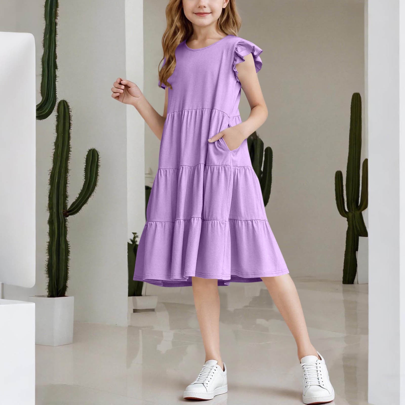 Delliss Girls Casual Tiered Dress Crew Neck Ruffle Dress Swing Mini A ...