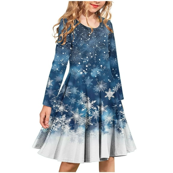 Delliss Girls' Christmas Snowflake Print Dress Autumn Winter Long Sleeve Crew Neck Flowy Dress 4-14 Years