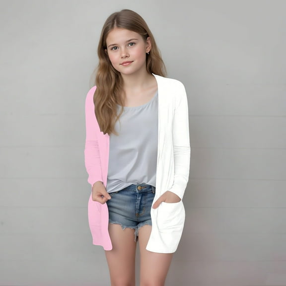 Delliss Girls Color Block Top Comfy Cardigan Thin Casual Coat With Pocket White 160