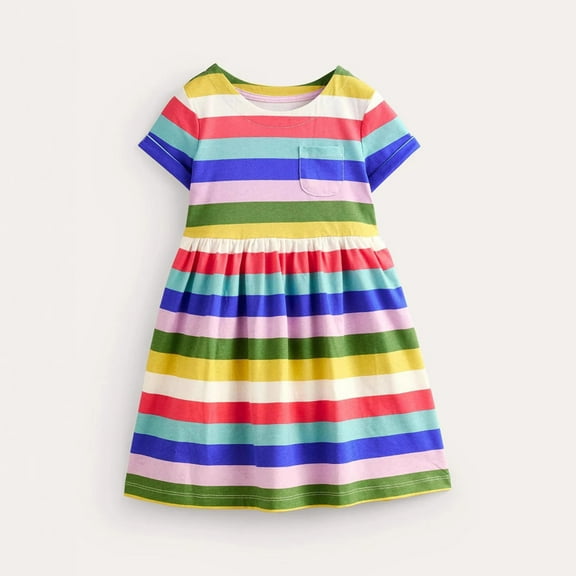 Delliss Girls Cotton Short Sleeve Striped Rainbow Dresses Casual Toddler Cotton Crew Neck Summer Short Dress