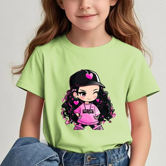 Delliss Girls Crew Neck Short Sleeve Graphic Tees Cool girl print Shirts Cute Summer 3-15 Years