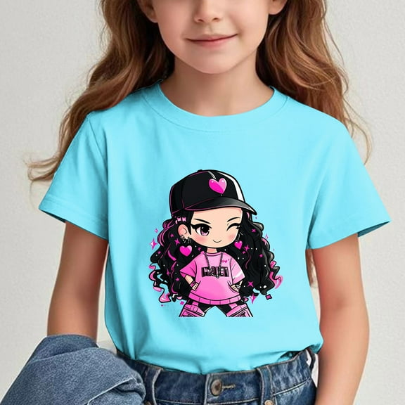 Delliss Girls Crew Neck Short Sleeve Graphic Tees Cool girl print Shirts Cute Summer 3-15 Years