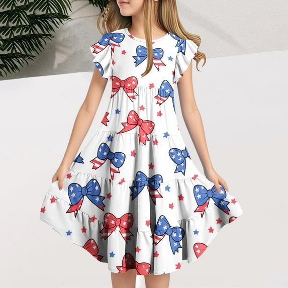 Delliss Girls Dress Flared Sleeve Ruffle Hem A-Line Sundress Casual Dresses 6-15 Years