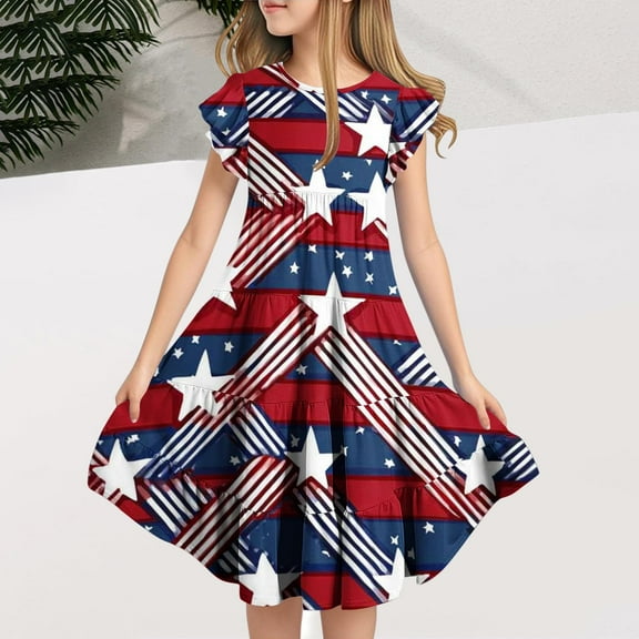 Delliss Girls Dress Flared Sleeve Ruffle Hem A-Line Sundress Casual Dresses 6-15 Years