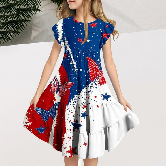 Delliss Girls Dress Flared Sleeve Ruffle Hem A-Line Sundress Casual Dresses 6-15 Years