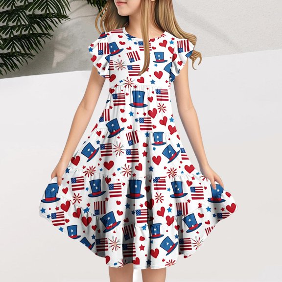 Delliss Girls Dress Flared Sleeve Ruffle Hem A-Line Sundress Casual Dresses 6-15 Years
