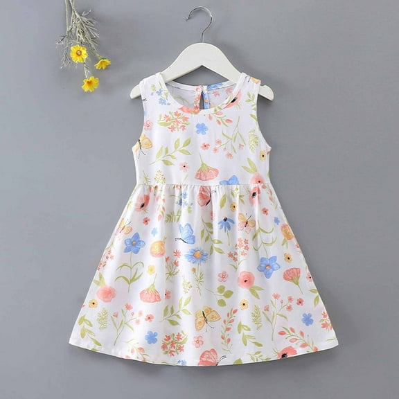 Delliss Girls Dress Floral Printed Ruffle Sleeveless Casual Dresses Summer Toddler Girl Home Party Beach Sundress