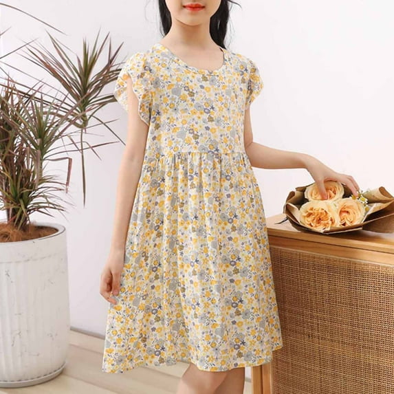 Delliss Girls Dress Floral Printed Ruffle Sleeveless Casual Dresses Summer Toddler Girl Home Party Beach Sundress