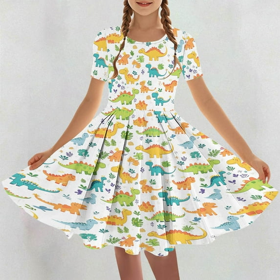 Delliss Girls Dress Hawaiian Short Casual Flower Printed Sleeve Toddler Summer Sundress Smocked Dresses