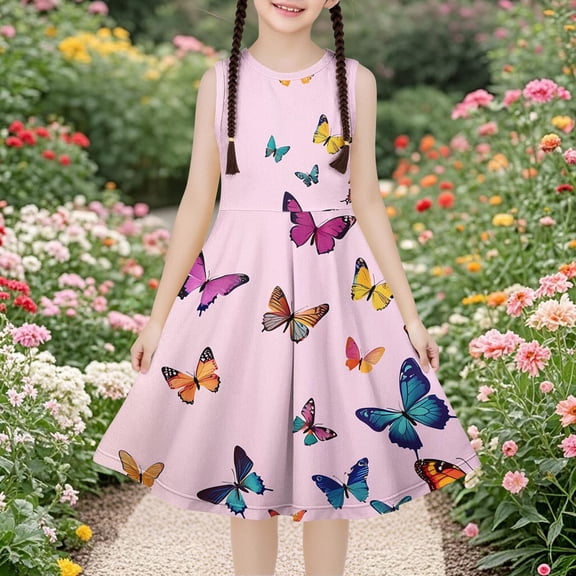 Delliss Girls Dresses Butterfly Print Sleeveless Solid Color Skater Casual Simple Dress 4-14 Years