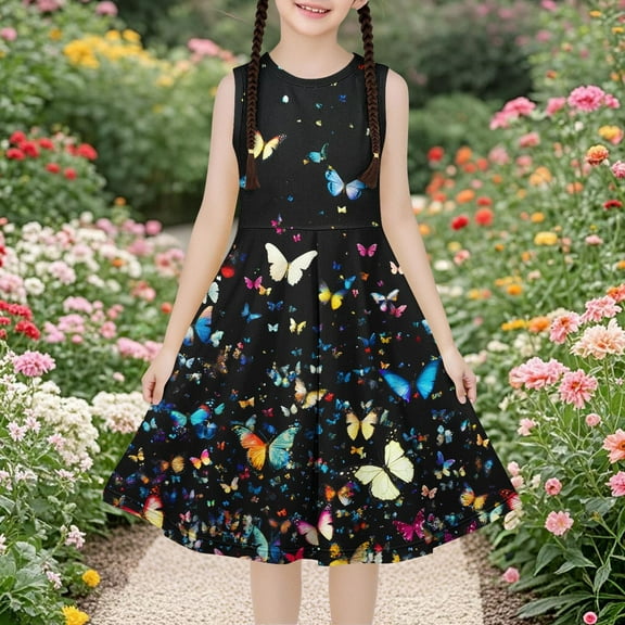 Delliss Girls Dresses Butterfly Print Sleeveless Solid Color Skater Casual Simple Dress 4-14 Years