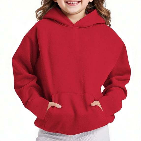 Delliss Girls' Fall Simple Hooded Baggy Casual Solid Color Top With Pocket Red 9 Years