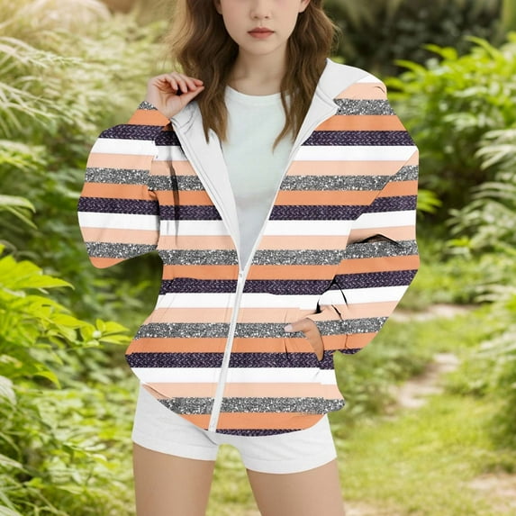 Delliss Girls' Fall Stripe Print Sweatshirt Casual Sports Zipper Long Sleeve Hooded Top Orange 4-5Years