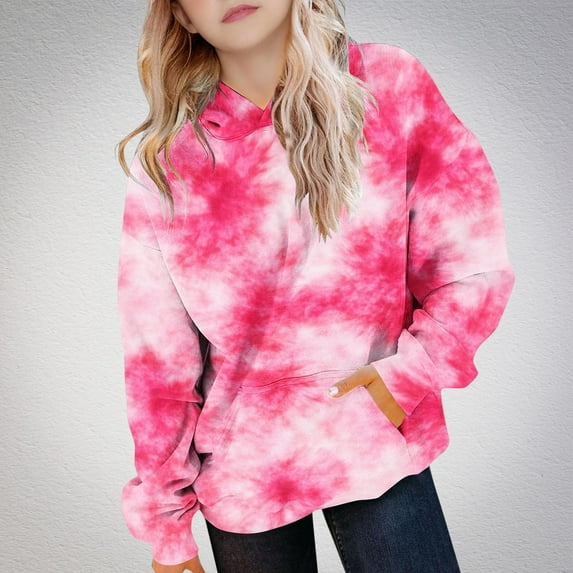 Delliss Girls' Fall Tie Dye Trendy Comfy Blouse Crew Neck Baggy Top Hot Pink 13 Years