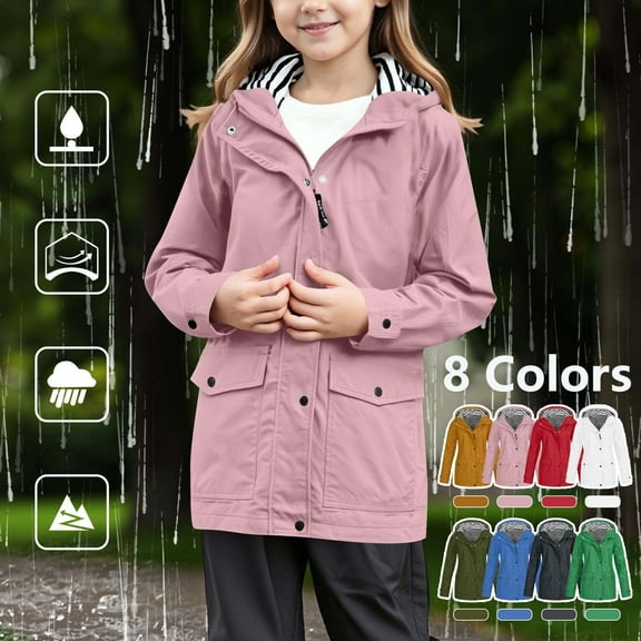 Delliss Girls' Fall Winter Solid Color Hooded Long Jacket Zipper Pocket Striped Lined Snap Waterproof Windproof Jacket Long Sleeve Top 5-16 Years