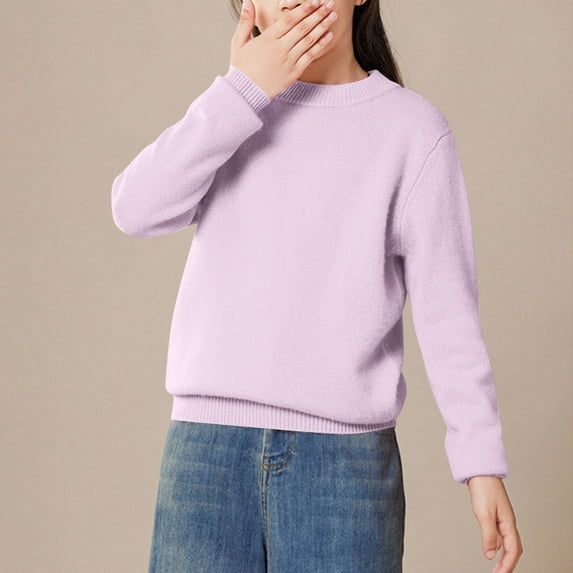 Delliss Girls' Fall Winter Thick Velvet Solid Color Crew Neck Cotton Knitted Long Sleeve Round Neck Casual Classic Sweater 2-14 Years