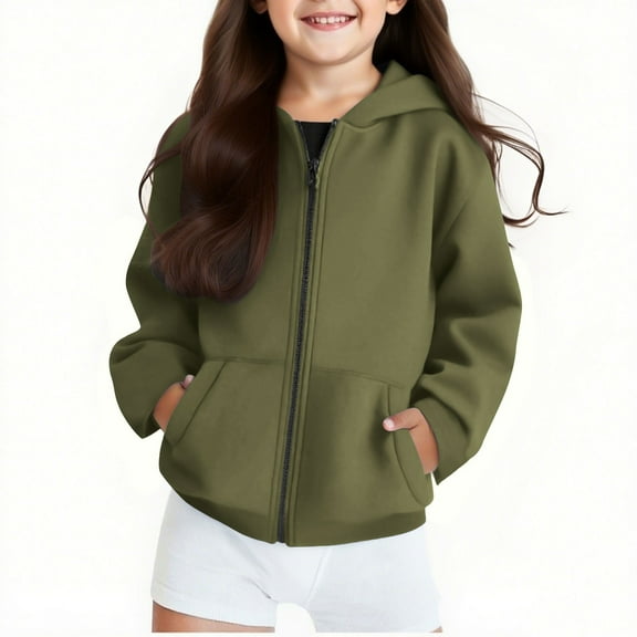 Delliss Girls' Full Zipper Hooded Long Sleeve Coat Trendy Jacket With Pocket Army Green 9 Years