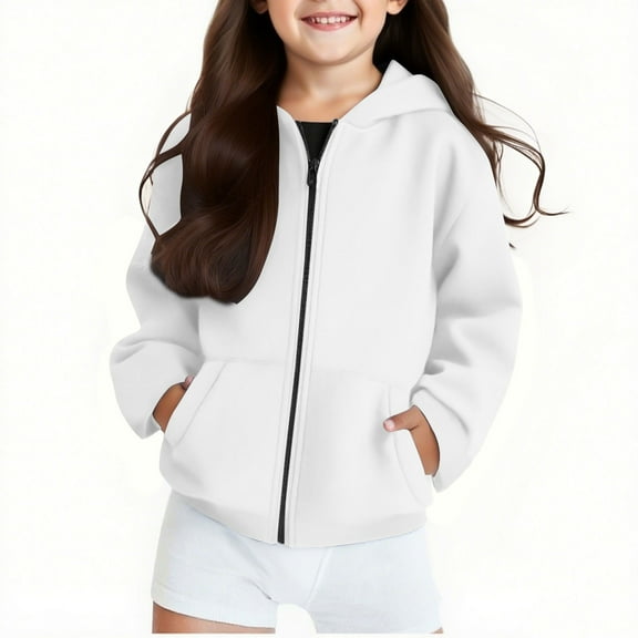 Delliss Girls' Full Zipper Hooded Long Sleeve Coat Trendy Jacket With Pocket White 9 Years