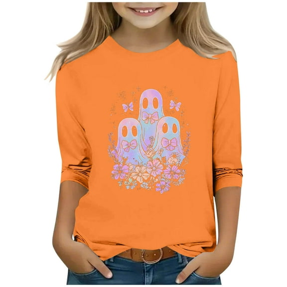 Delliss Girls' Halloween Print Shirt 3/4 Sleeve Crew Neck Basic Top Orange 10-11Years