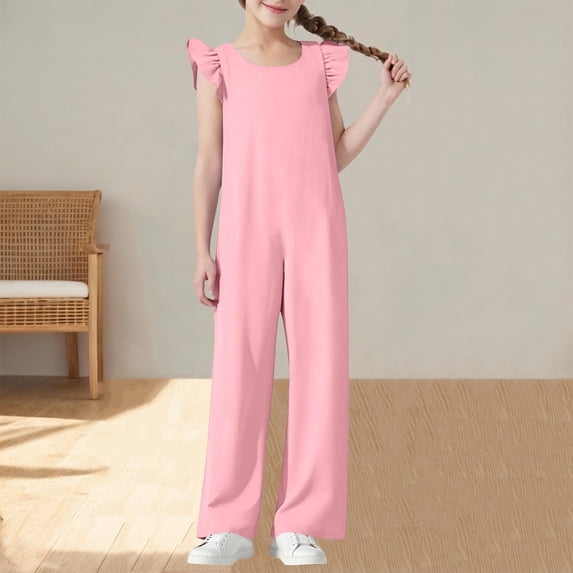 Delliss Girls Jumpsuits Ruffle Sleeveless Strap Casual Loose Overalls One Piece Wide Leg Pants Rompers 5-15 Years