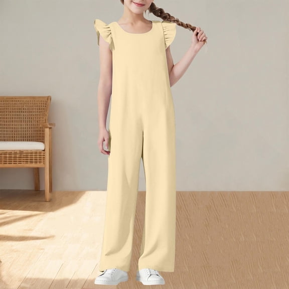 Delliss Girls Jumpsuits Ruffle Sleeveless Strap Casual Loose Overalls One Piece Wide Leg Pants Rompers 5-15 Years