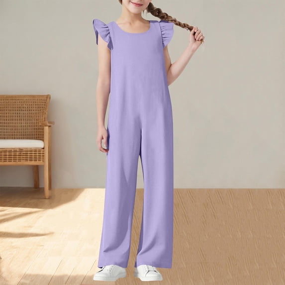 Delliss Girls Jumpsuits Ruffle Sleeveless Strap Casual Loose Overalls One Piece Wide Leg Pants Rompers 5-15 Years