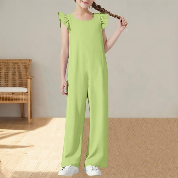 Delliss Girls Jumpsuits Ruffle Sleeveless Strap Casual Loose Overalls One Piece Wide Leg Pants Rompers 5-15 Years
