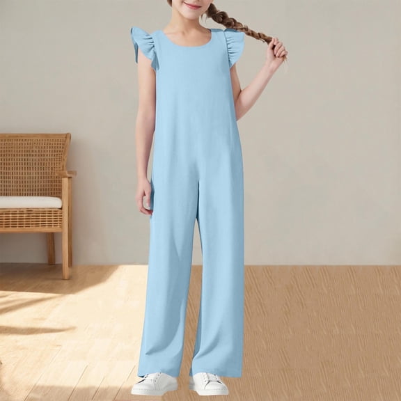 Delliss Girls Jumpsuits Ruffle Sleeveless Strap Casual Loose Overalls One Piece Wide Leg Pants Rompers 5-15 Years