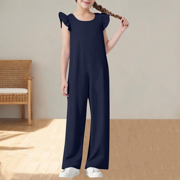 Delliss Girls Jumpsuits Ruffle Sleeveless Strap Casual Loose Overalls One Piece Wide Leg Pants Rompers 5-15 Years