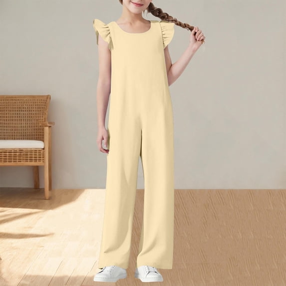 Delliss Girls Jumpsuits Ruffle Sleeveless Strap Casual Loose Overalls One Piece Wide Leg Pants Rompers 5-15 Years