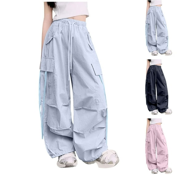 Delliss Girls Long Pants High Waist Wide Leg Stretchy Loose Fit Casual Trousers with Pockets 5-16 Years