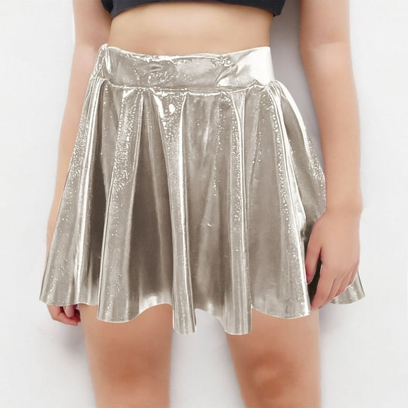 Delliss Girls Metallic Sparkly Skirts Shiny Flared Pleated A-Line Skort Athletic Skirts Skater Skirt