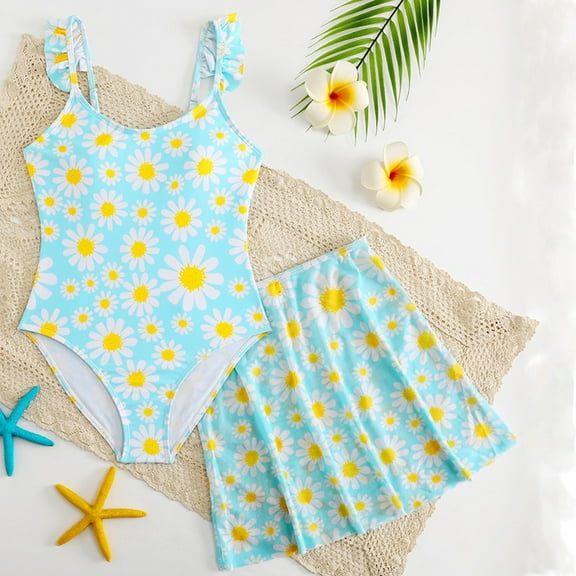 Delliss Girls One Piece Swimsuit with Cover Up Wrap Skirt Set Cool Printed Two Piece Bathing Suit 13-16 Years