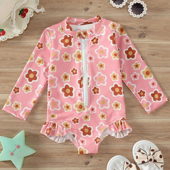 Delliss Girls One-Piece Swimsuits Long Sleeve Printed Zipper Swimwear Rash Guard Sun Protection Bathing Suit