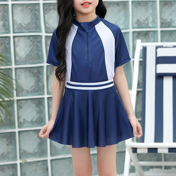 Delliss Girls One Piece Swimsuits Short Sleeve Skirted Bathing Suit Breathable Quick Dry Skirt Color Blocked Swimdress Zipper Front