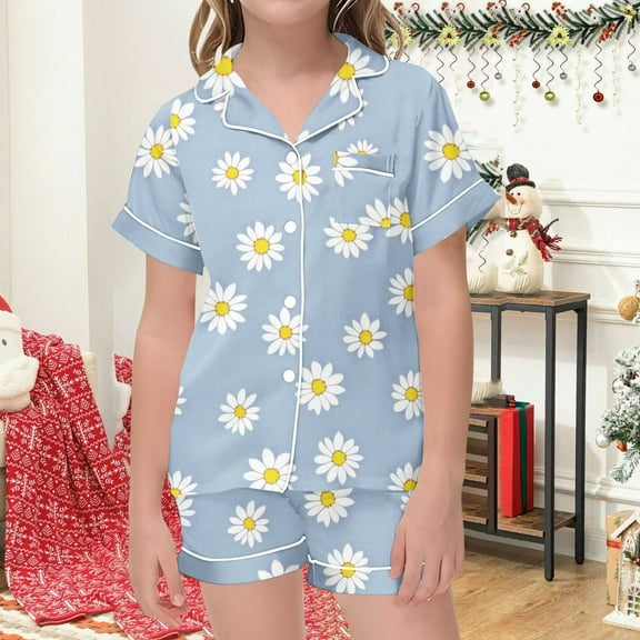 Delliss Girls Pajamas Set Summer 2 PCS Short Sleeve Button Down Sleepwear Daisy Printed Home Wear Clothes Suit