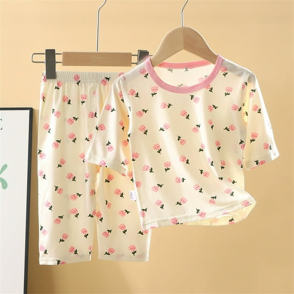 Delliss Girls Pajamas Set cherry print short sleeved shorts two-piece set Sleepwear for Comfortable Nights