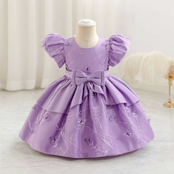 Delliss Girls Ruffle Bow Bubble Sleeve Butterfly Princess Dress Purple 6 Months