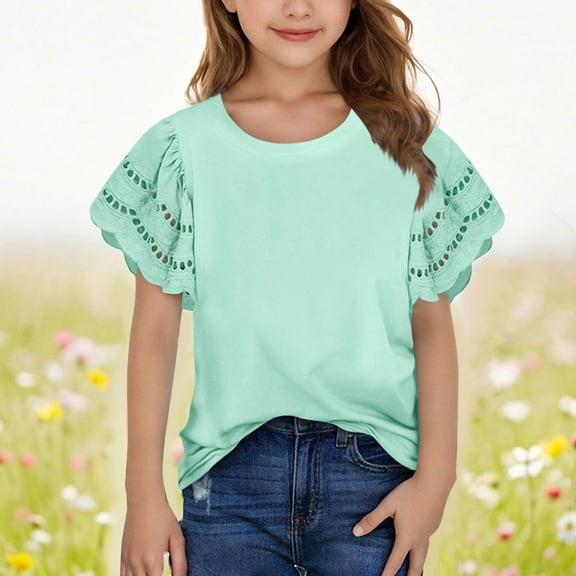 Delliss Girls Ruffle Sleeve Shirts Summer Crew Neck Eyelet Tee Tops Casual Cute Blouse 3-14 Years