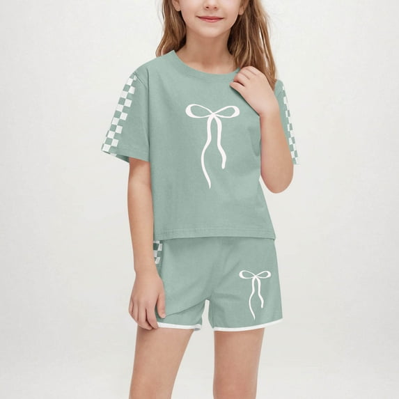 Delliss Girls Short Sets 2 Pieces Outfits Short Sleeve T-Shirts and Casual Shorts With Pockets Cute Bow print Top Clothes Sets Army Green 10 Years