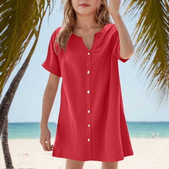 Delliss Girls Short Sleeve Dress Kids V Neck Button Down Casual Dress Swing Mini Dresses Summer Beach Sundress