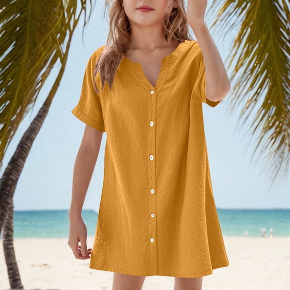 Delliss Girls Short Sleeve Dress Kids V Neck Button Down Casual Dress Swing Mini Dresses Summer Beach Sundress