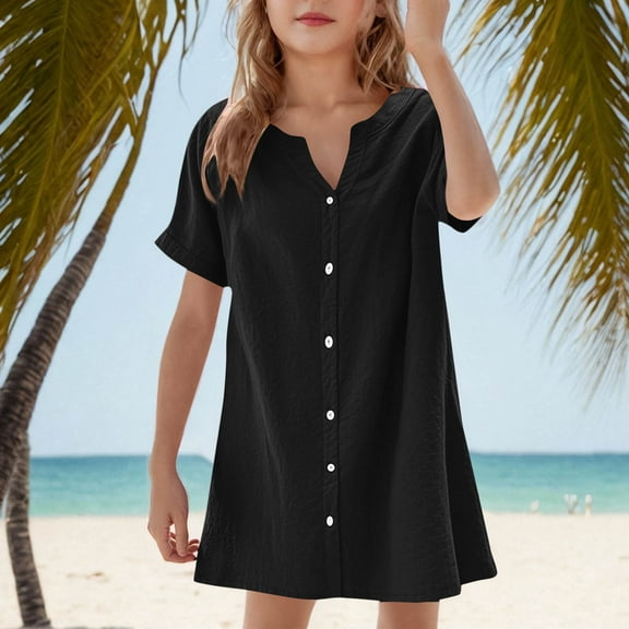 Delliss Girls Short Sleeve Dress Kids V Neck Button Down Casual Dress Swing Mini Dresses Summer Beach Sundress
