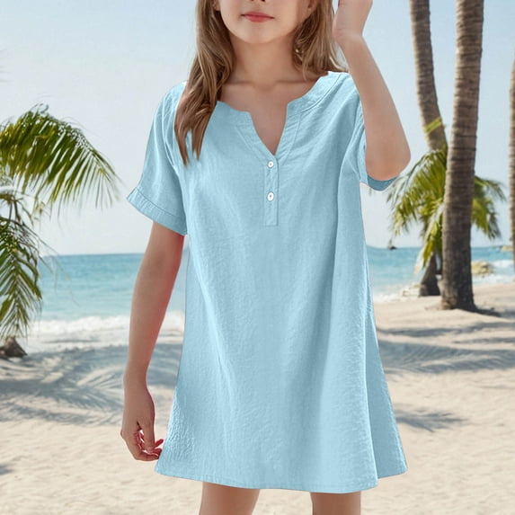 Delliss Girls Short Sleeve Dress Kids V Neck Button Down Casual Dress Swing Mini Dresses Summer Beach Sundress