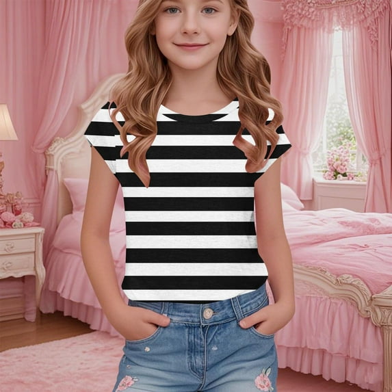 Delliss Girls Short Sleeve Striped T-Shirt Summer Toddler Cotton Crew Neck T-Shirt Top Tees