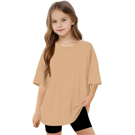 Delliss Girls Short Sleeve T-Shirt Summer Tops Trendy Crew Neck Basic Casual Tees Beige 5 Years