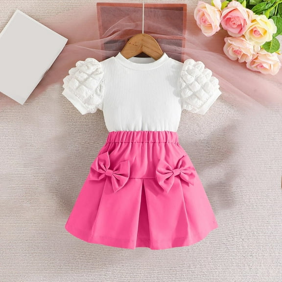 Delliss Girls Skirt Set 2 Piece Outfit Toddler Summer Clothes Bubble Sleeve T-Shirt Bow Knot Tutu Skirt Outfit Set 18 Months 8 Years